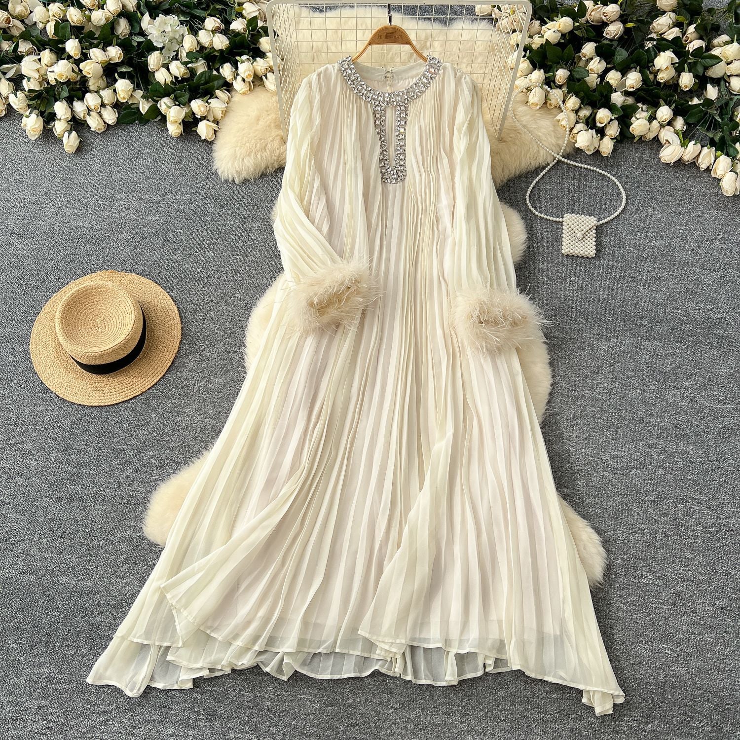 Women Round Neck Diamond Furry Patchwork Pleated Elegant Solid Dress 13