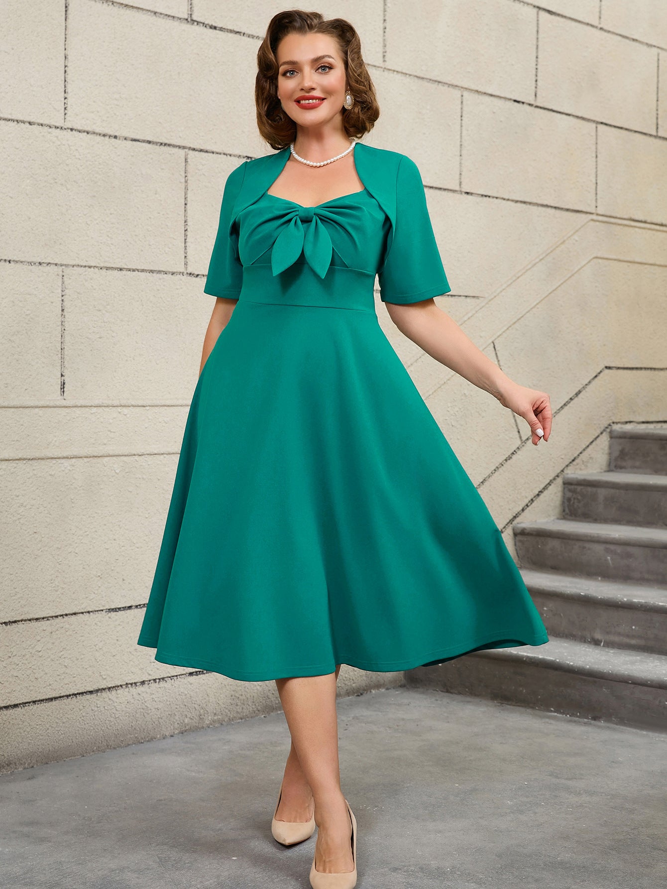 Plus Size Fashion Square-Neck Bow A-Line Slim Waist Party Dress 8