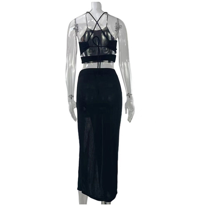 Women Lace-Up Backless Suspender Top and Slit Long Skirt two-piece set 34