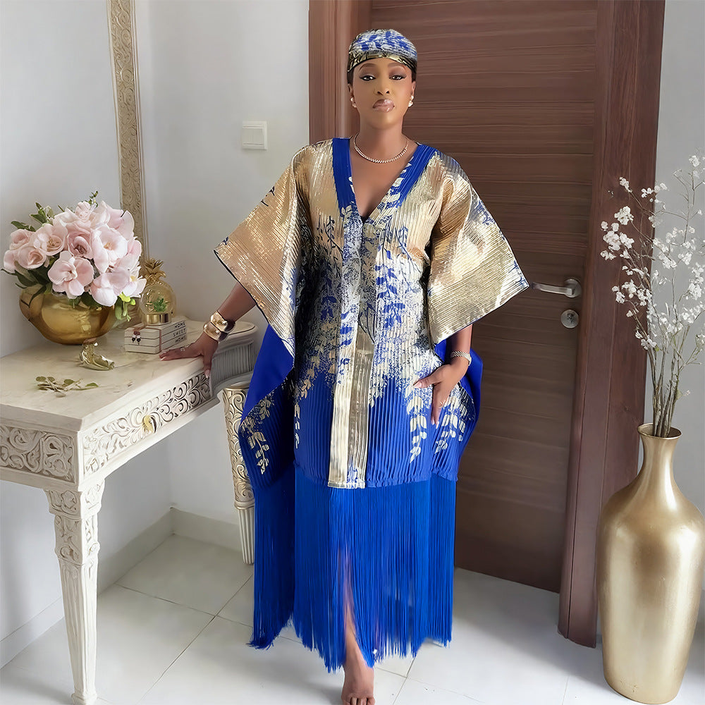 African Shiny Plus Size Kaftan Headscarf Dubai Women's Fringe Dress