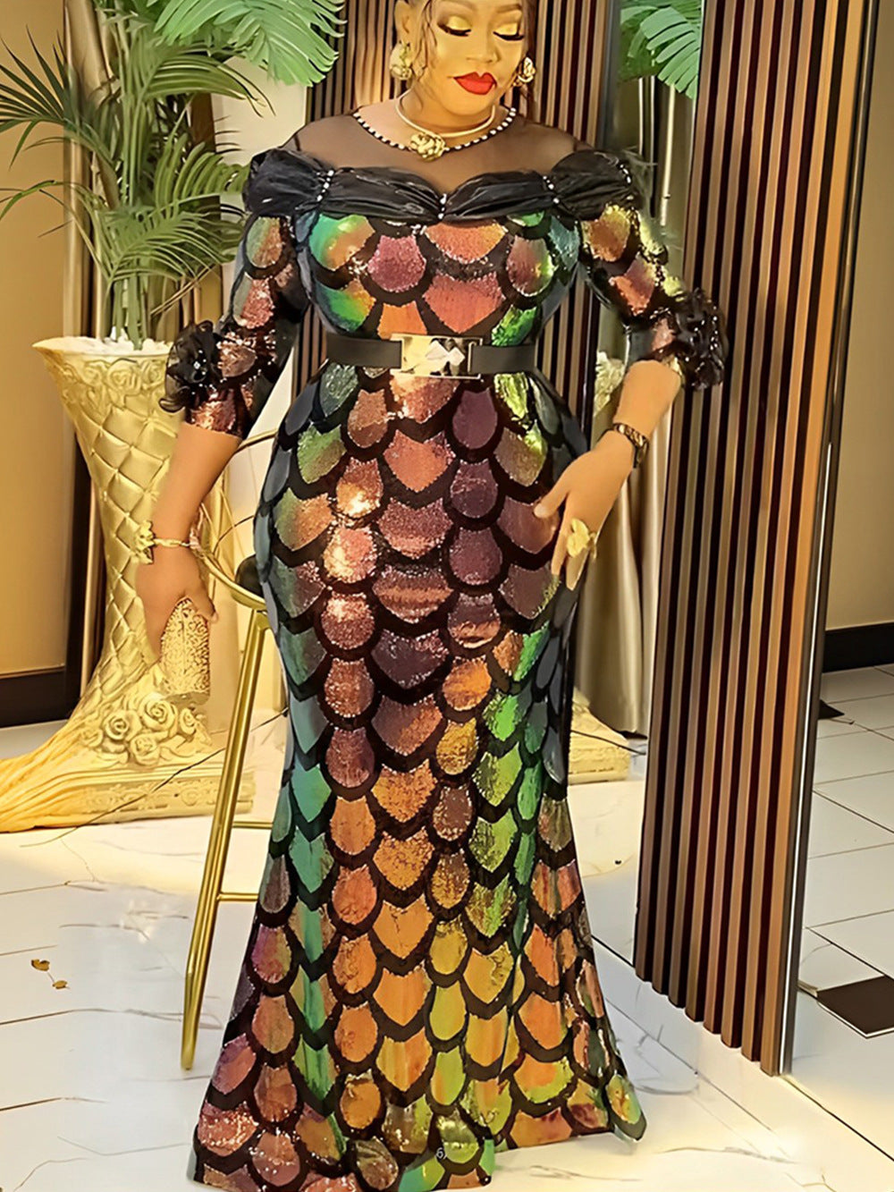 Plus Size Women Sequin Party Fishtail Dress 4