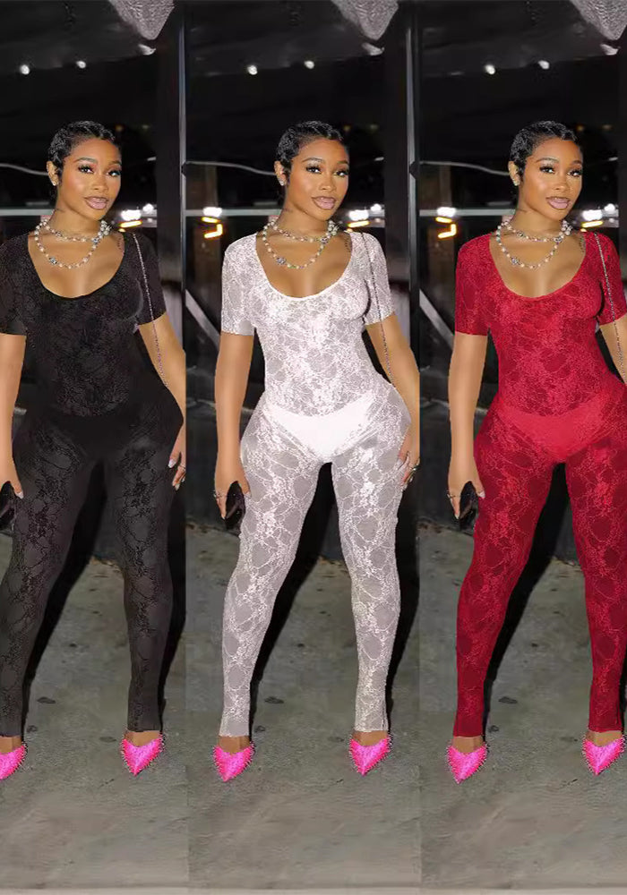 Women's Summer Lace Short Sleeve Low Back Sexy Nightclub Jumpsuit
