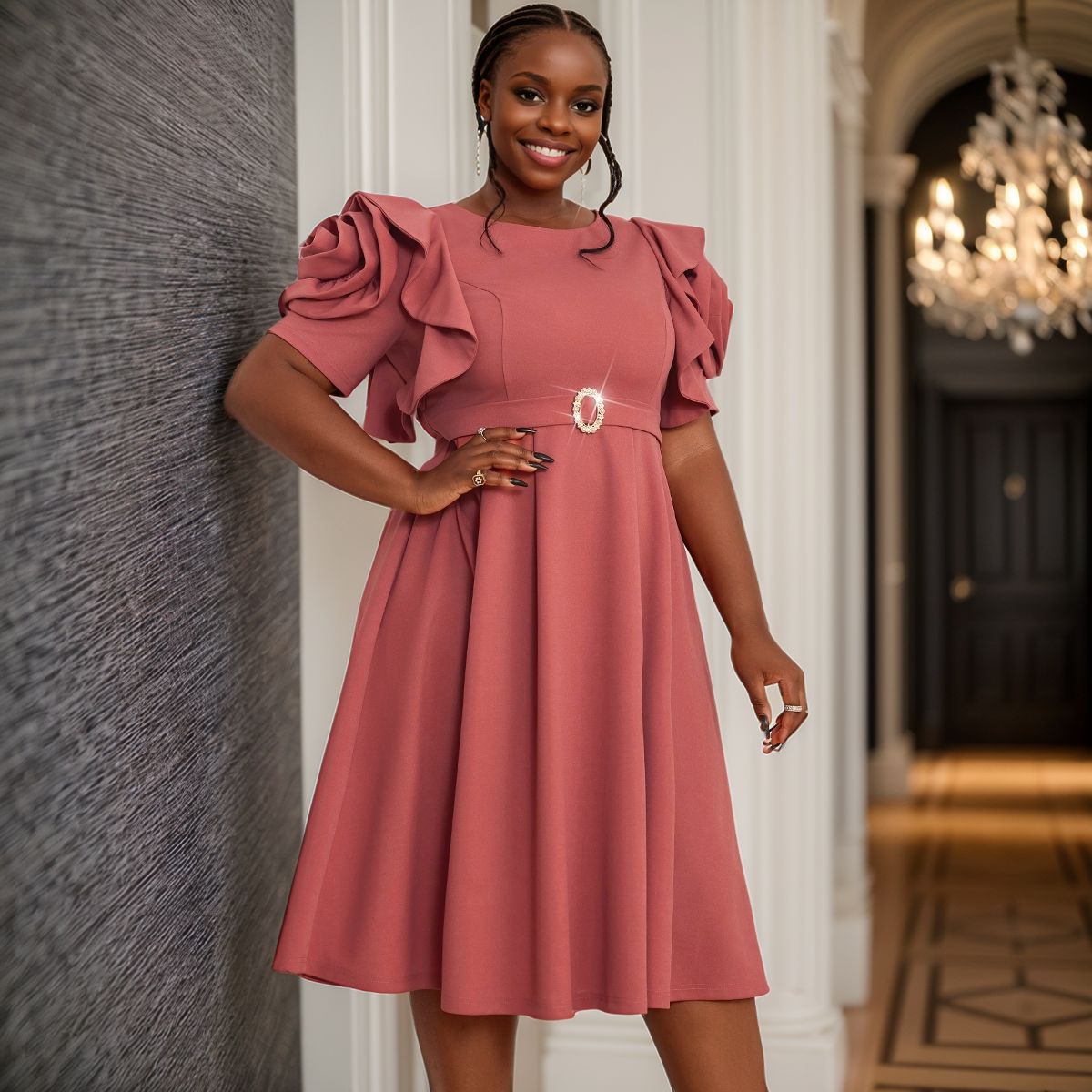 Plus Size Ruffle Sleeve Fashion High Waist Formal Party Dress