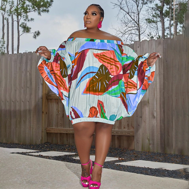 plus size off shoulder printed bat long sleeve loose dress 5