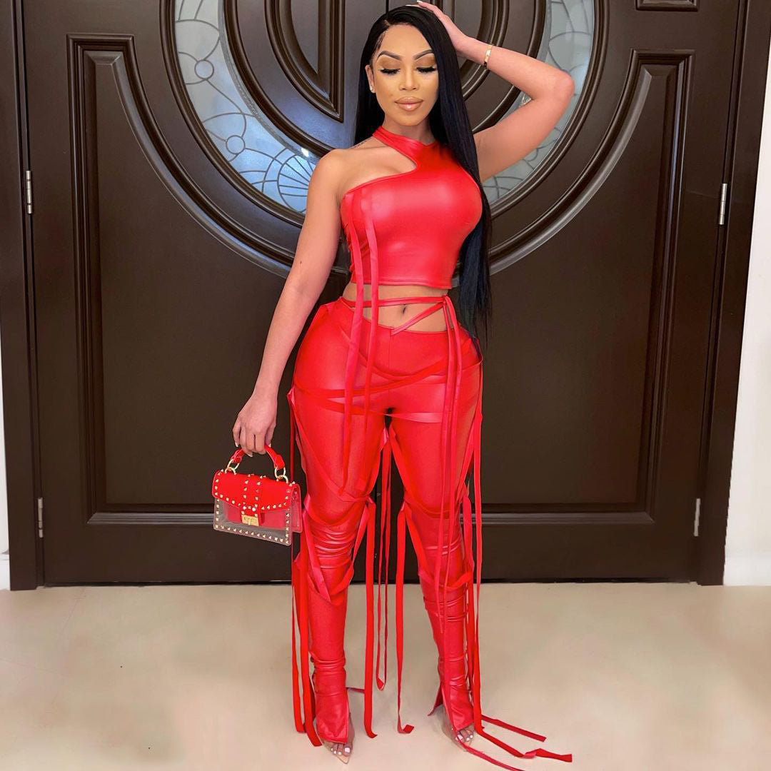 Women's Sexy Faux Leather Tank Top Lace-Up Pants Two Piece Nightclub Set 3