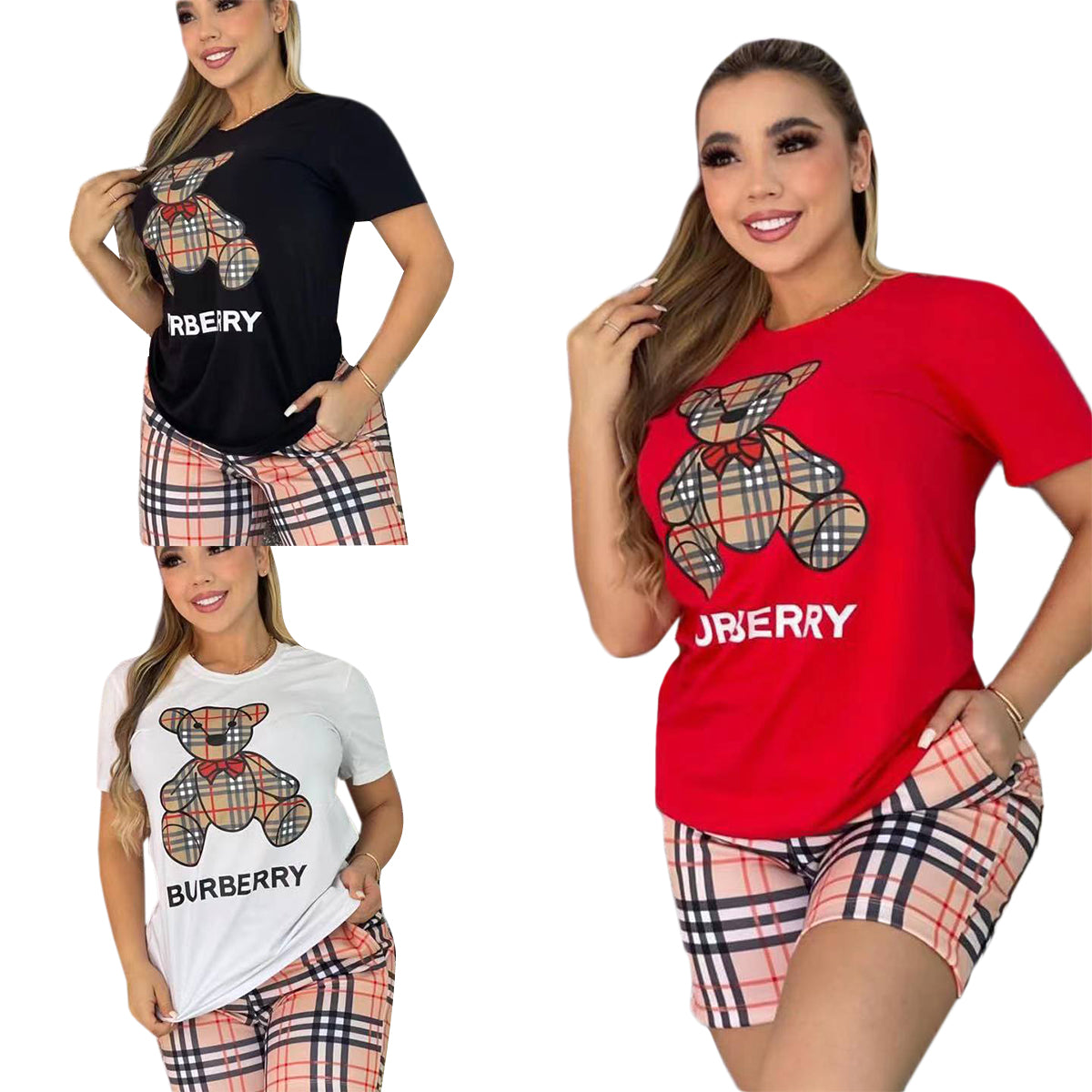 Women's Summer Bear Round Neck Short Sleeve Two Piece Shorts Set 9
