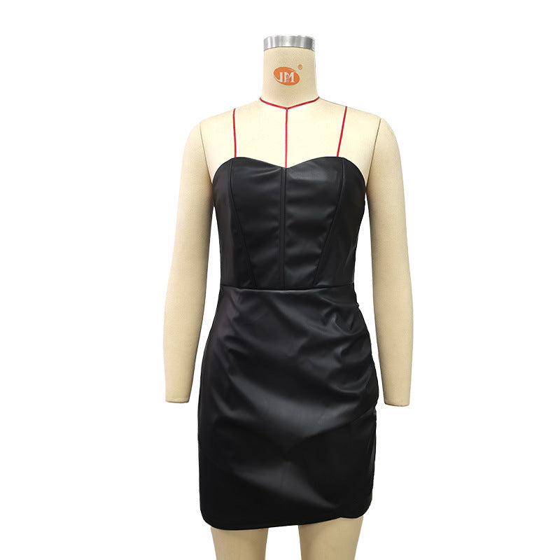 Women Strapless Sexy Bodycon Pu-Leather Dress 15