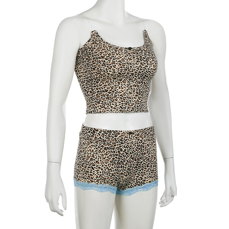 Sexy Women's Summer Leopard Home Wear Tight Fitting Strap Vest Contrast Shorts Two-Piece Set 7