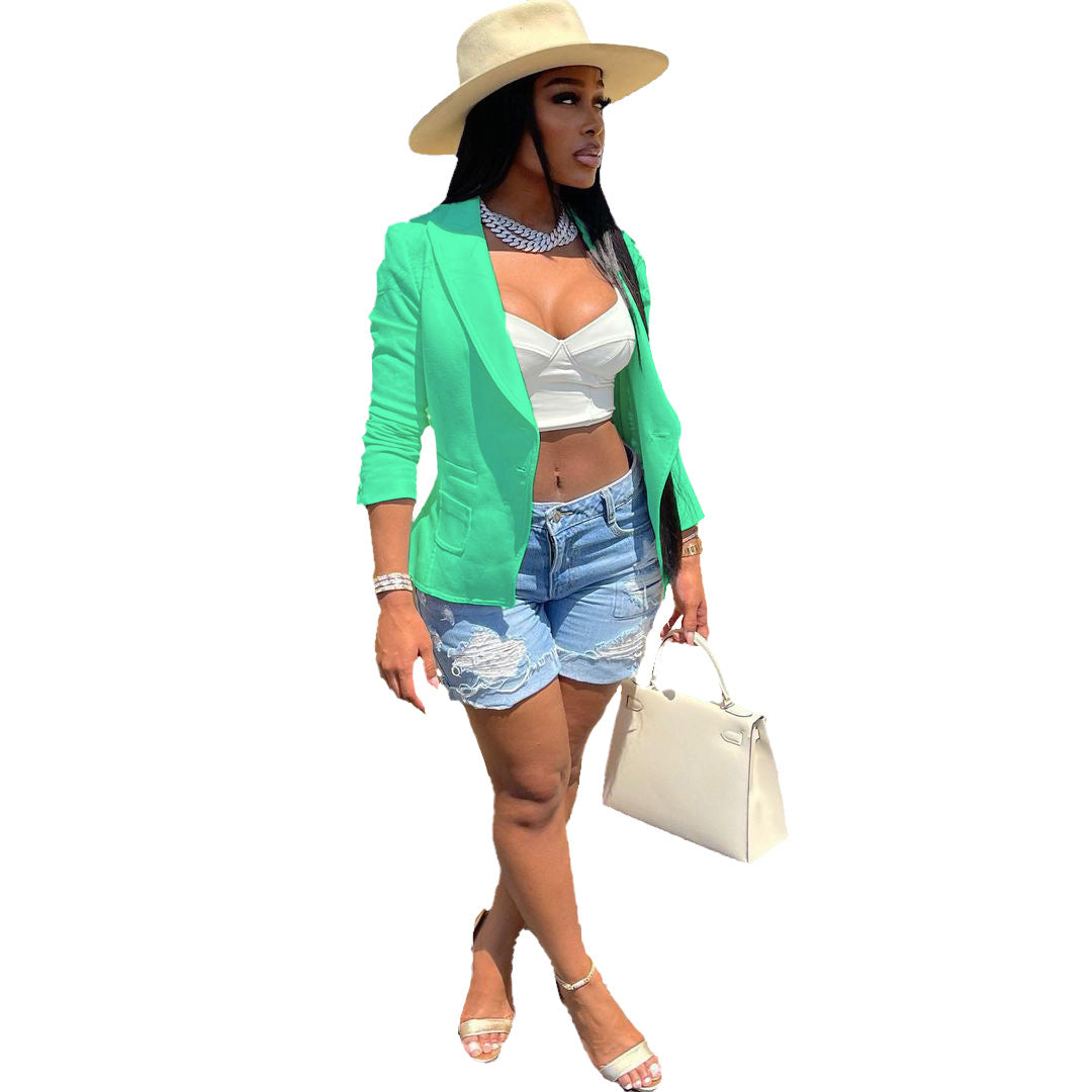 Women Solid Pocket Button Blazer 14