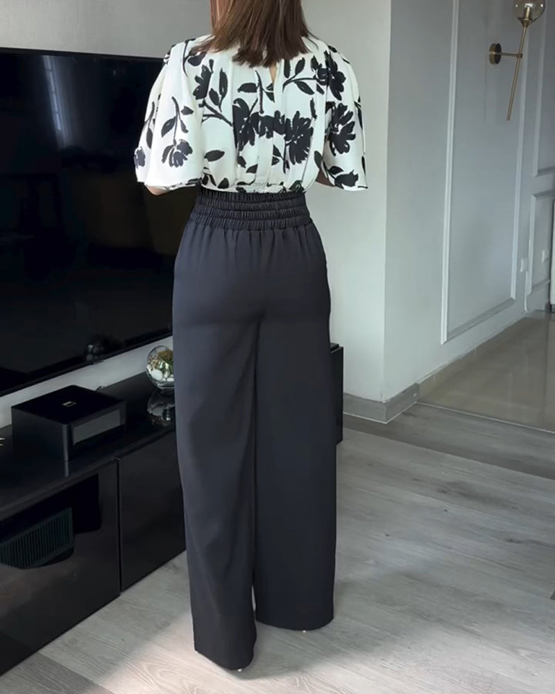 Women Printed Bell Bottom Sleeve Top and Pants Two-Piece Set