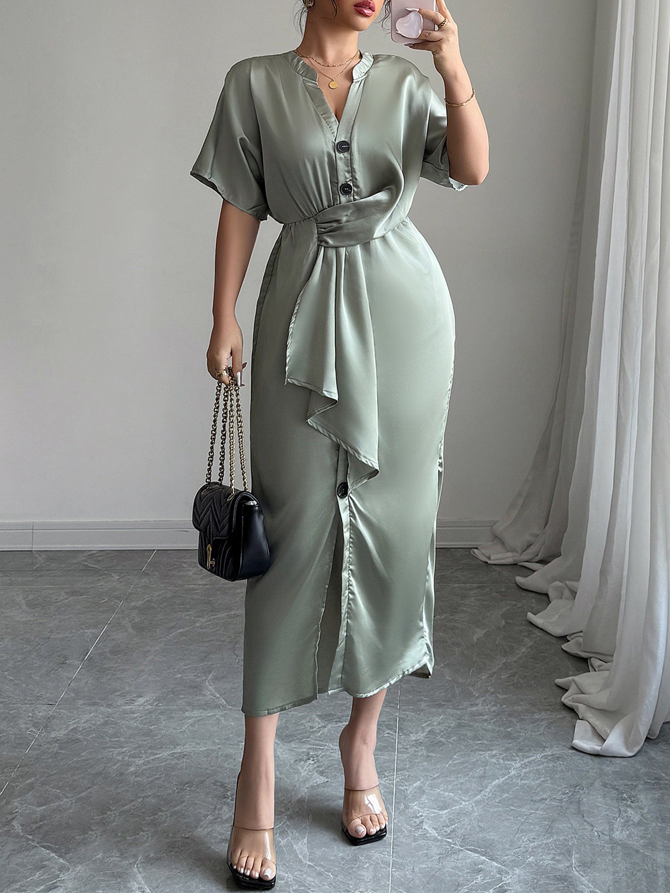 Spring/Summer Chic Elegant V-Neck Side-Slit Slim Waist Midi Dress 6
