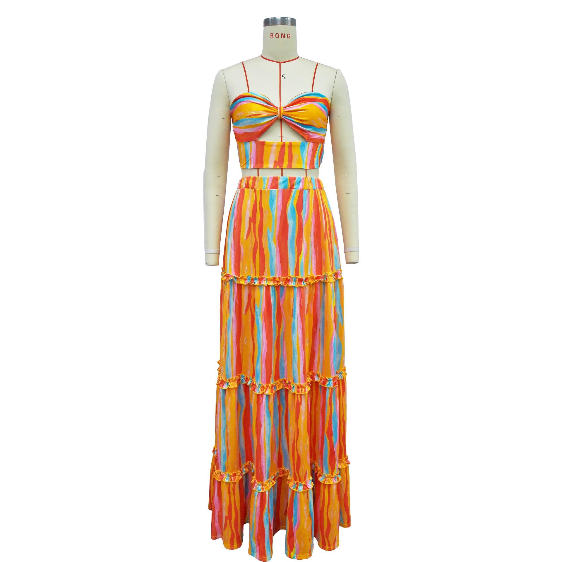 Ladies Fashion Striped Print Strapless Top Long Skirt Two-Piece Set 7