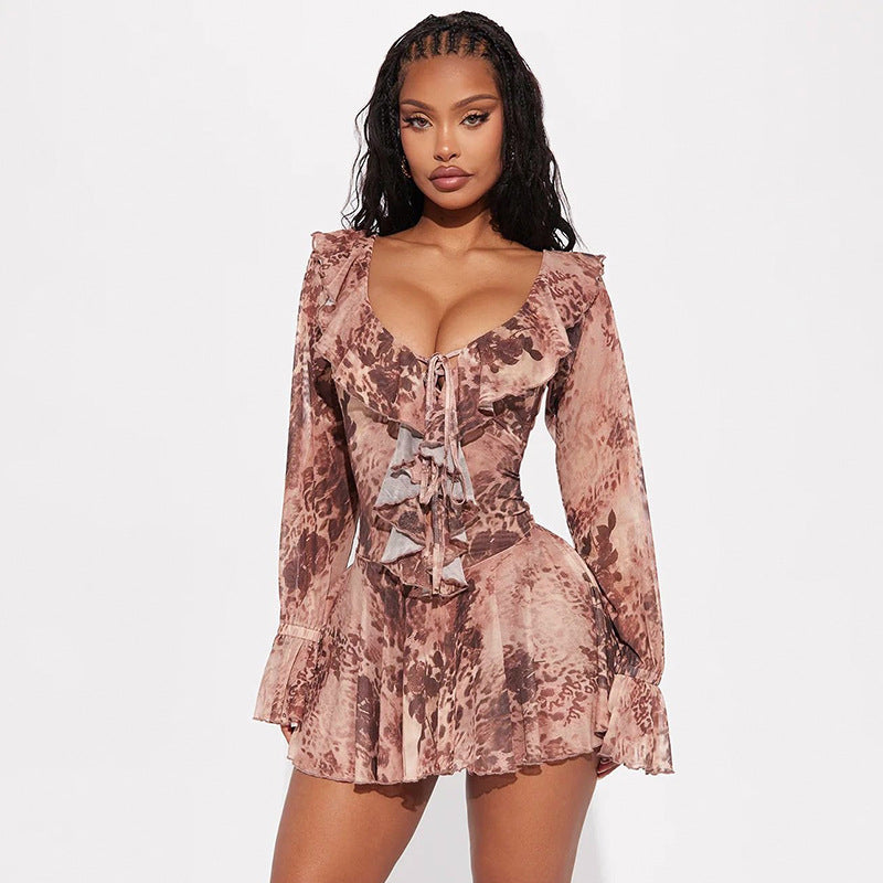 Women Summer/Autumn Ruffled Collar Long-Sleeved Mesh Leopard Print Off-The-Shoulder Pleated Dress 18