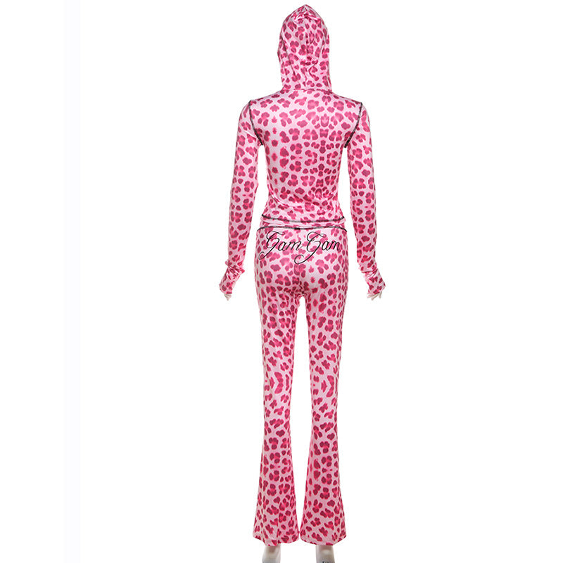 Women leopard print hooded Top and trousers two-piece set 13