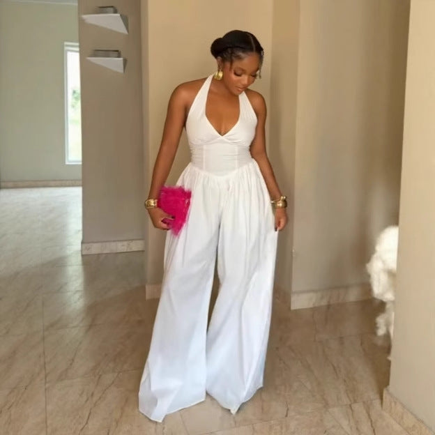 Elegant Halter Neck V-Neck Low-Back Solid Color Wide-Leg Jumpsuit