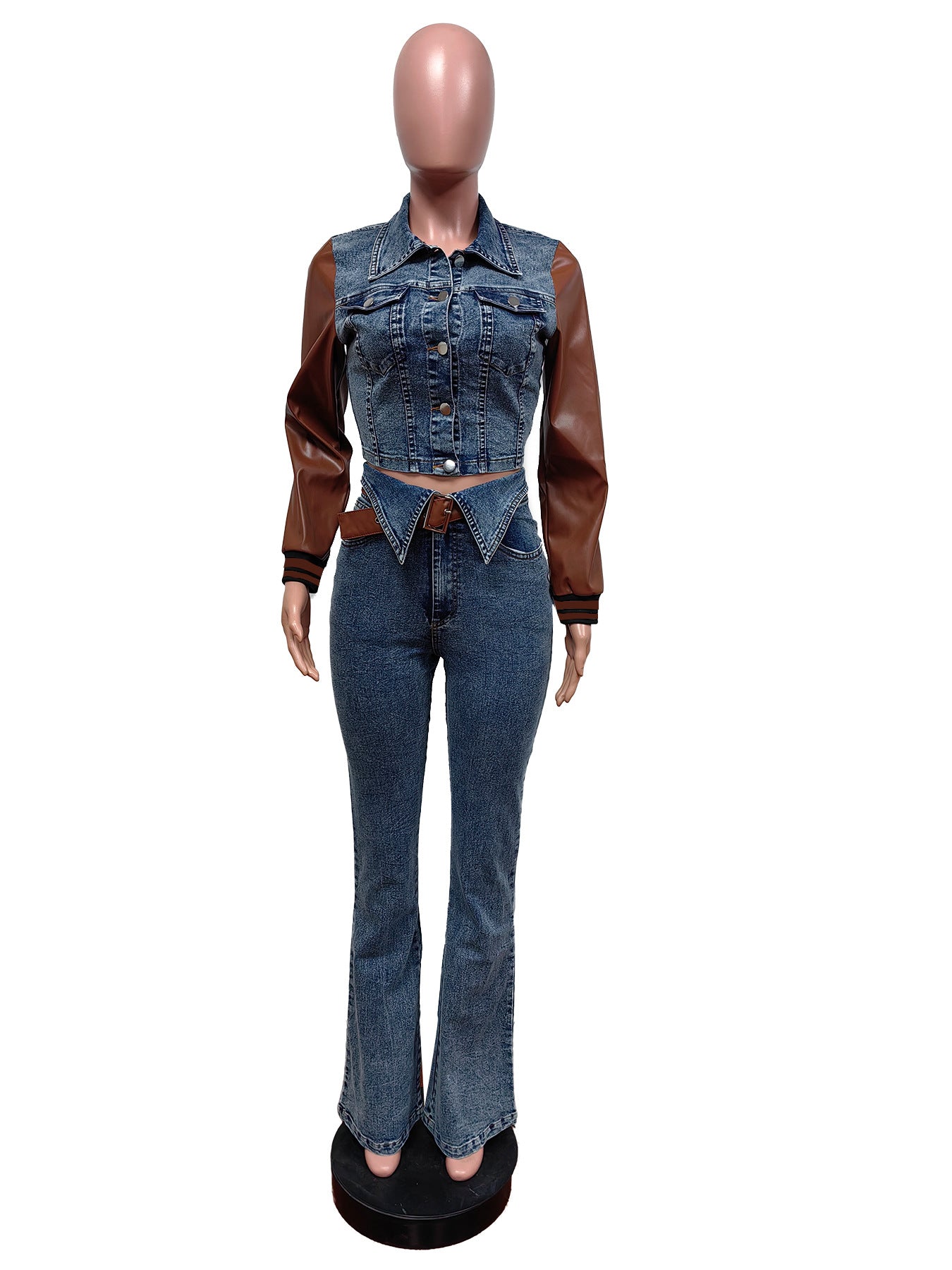 Leather Denim Patchwork Jacket Trousers Women's Two Piece Set 5