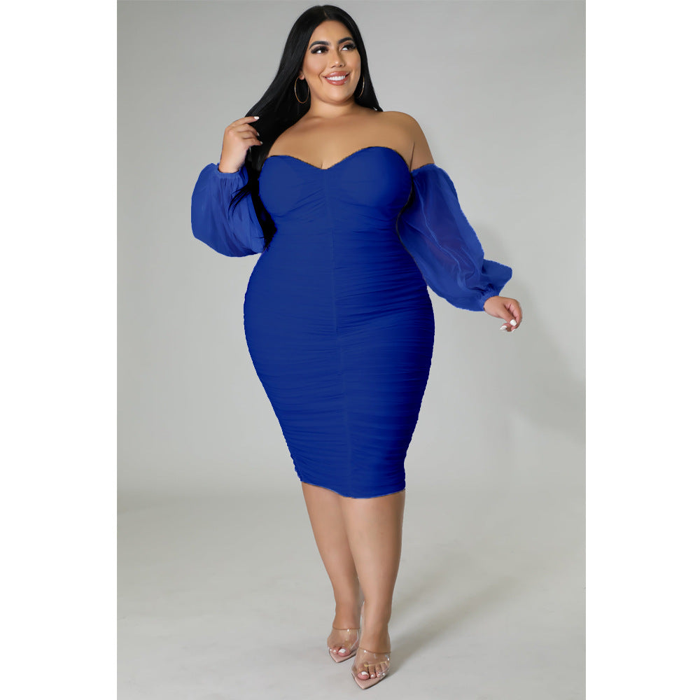 Plus Size Women Fall Mesh Pleated Long Sleeve Dress 7