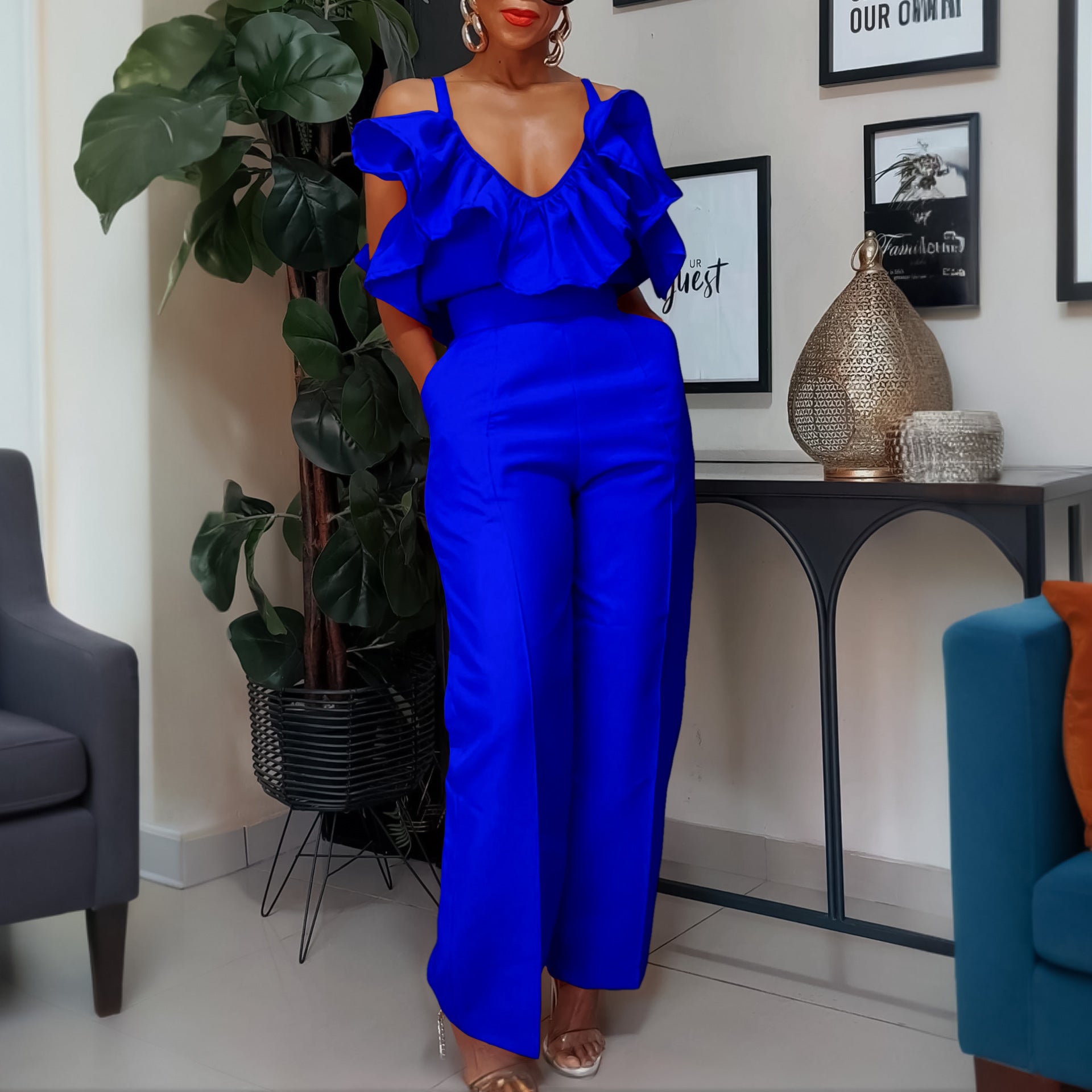 African Women summer v-neck ruffle suspender top trousers two-piece set 4