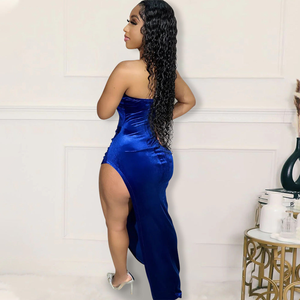 Fashion Sexy Strapless High Slit Solid Color Beaded Dress For Women 5