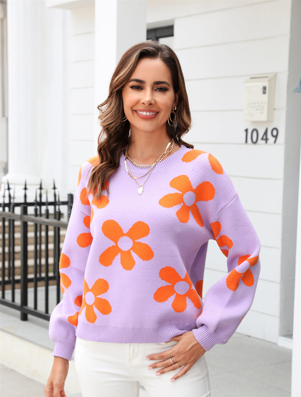 Autumn and winter women's printed sweater pullover flower plus size sweater 52