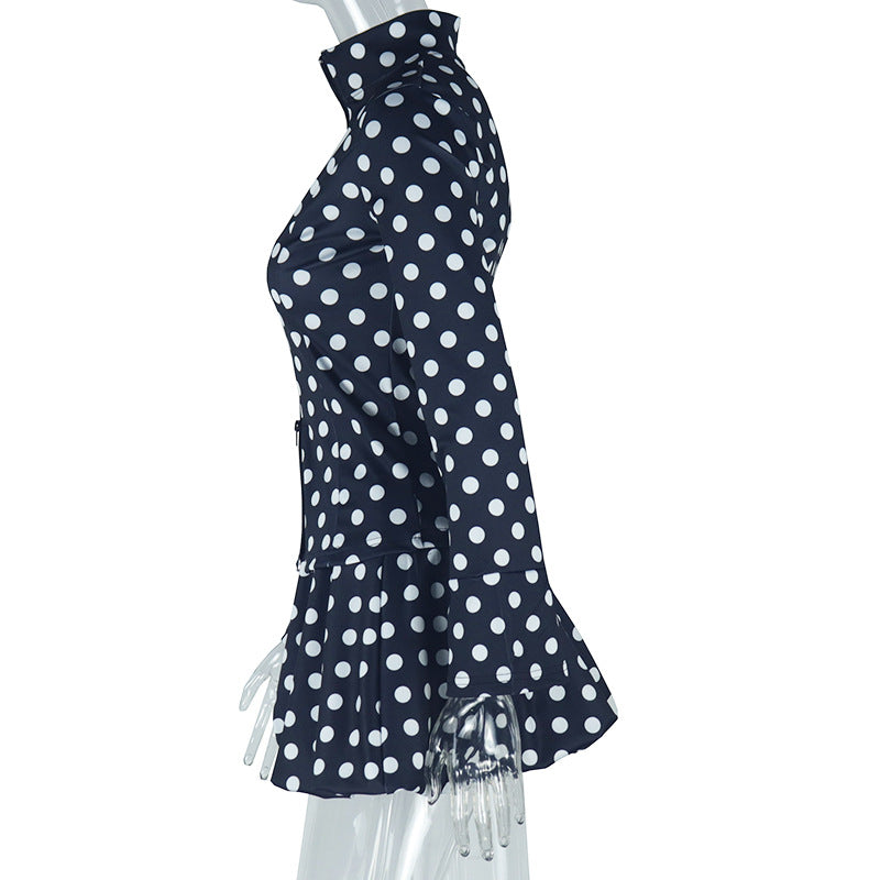 Fashionable Women's White Polka Dot Long-Sleeved Zipper Top Pleated Skirt Two Piece Set 7