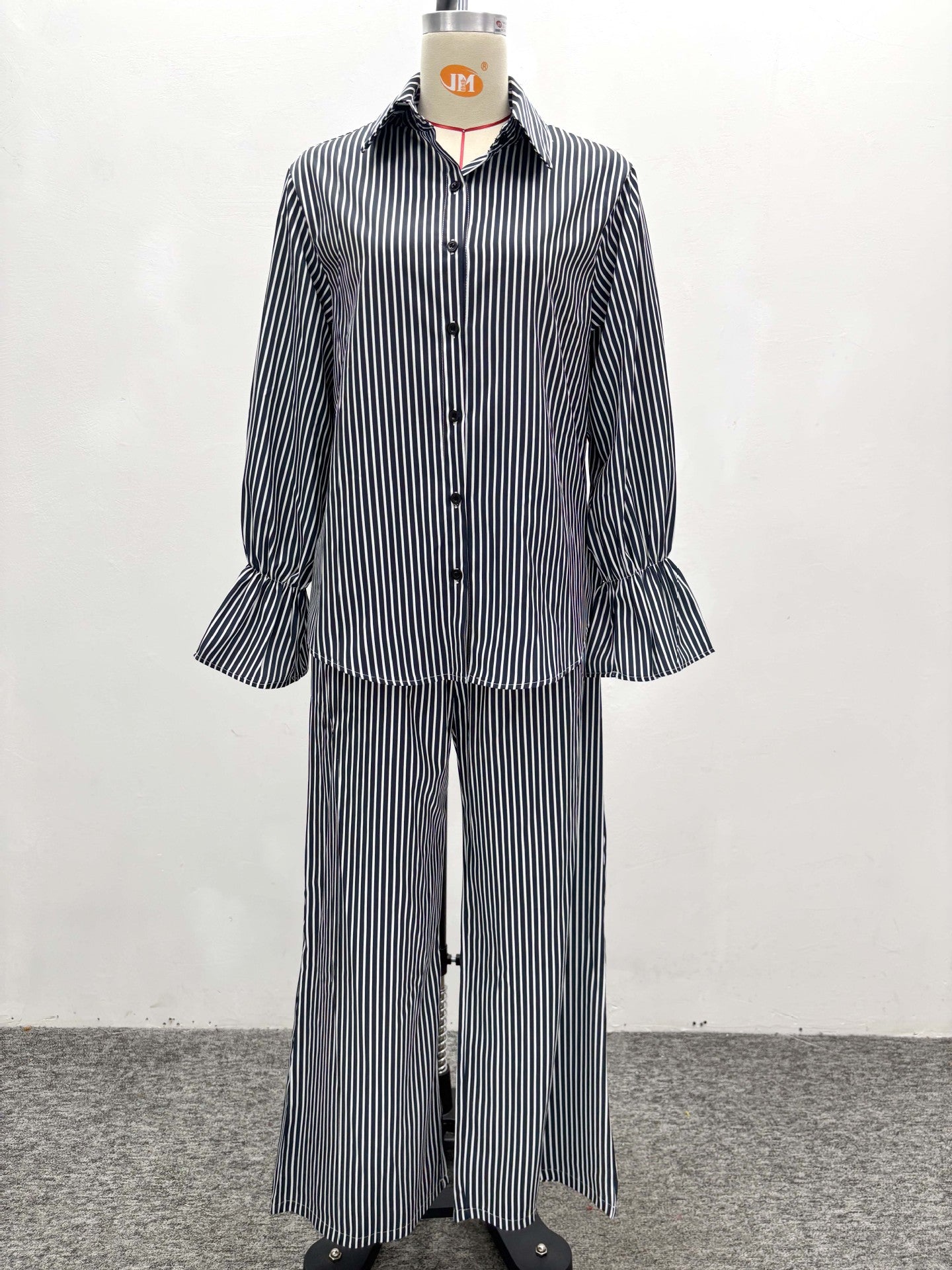 Women's Fashion Striped Button Bell Sleeve Shirt Wide Leg Pants African Casual Set 8