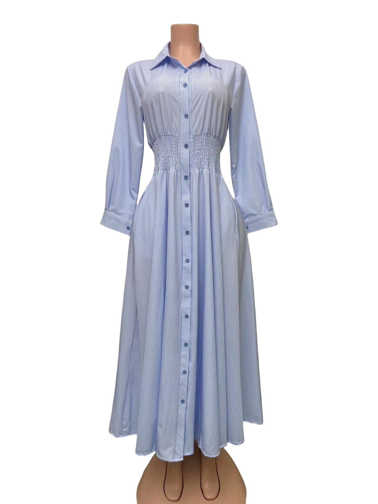 Striped Turndown Collar Long-Sleeve Button Slim Waist A-Line Gown 10