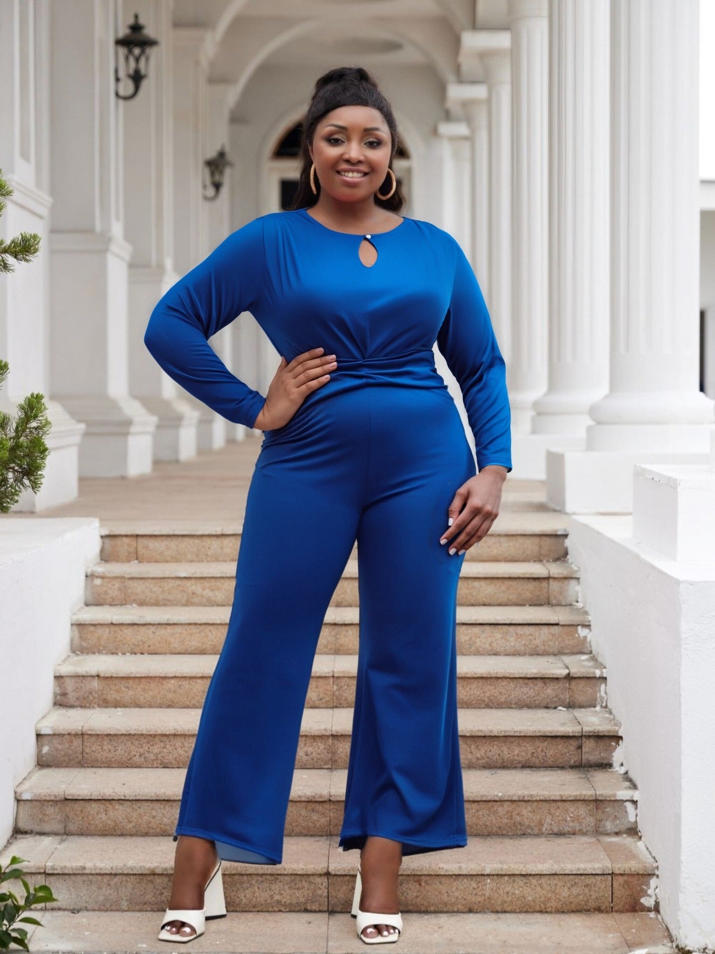 Plus Size Women Elegant Stretchy Hollow Wide Leg Jumpsuit 4