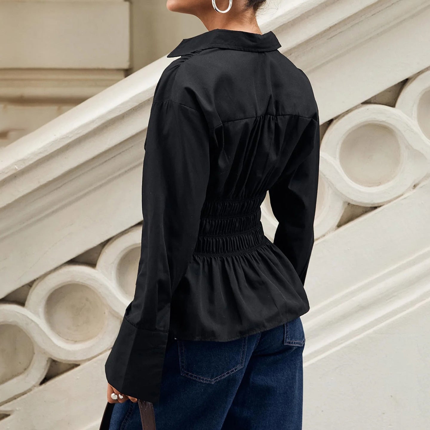 Women Pleated Casual Solid V-Neck Shirt 3