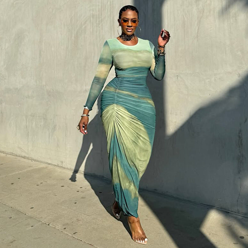 Career Women's Print Pleated Waist Tie Slim Fit Bodycon Round Neck Long-Sleeve Dress