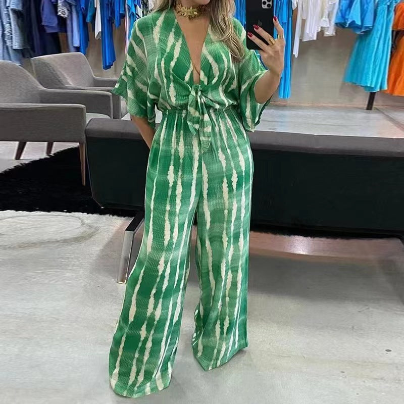 Fashionable Printed Belt V-Neck Half Sleeve Jumpsuit 3