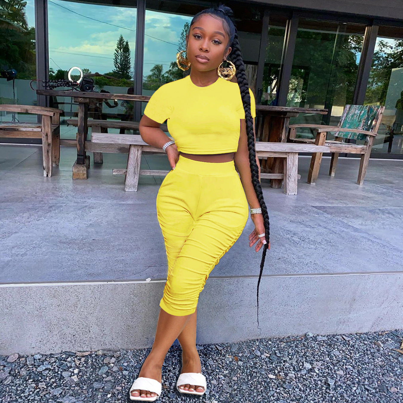 Summer Women's Solid Color Tight Fitting Cropped Short Sleeve T-Shirt Women's Pleated Two Piece Set 14