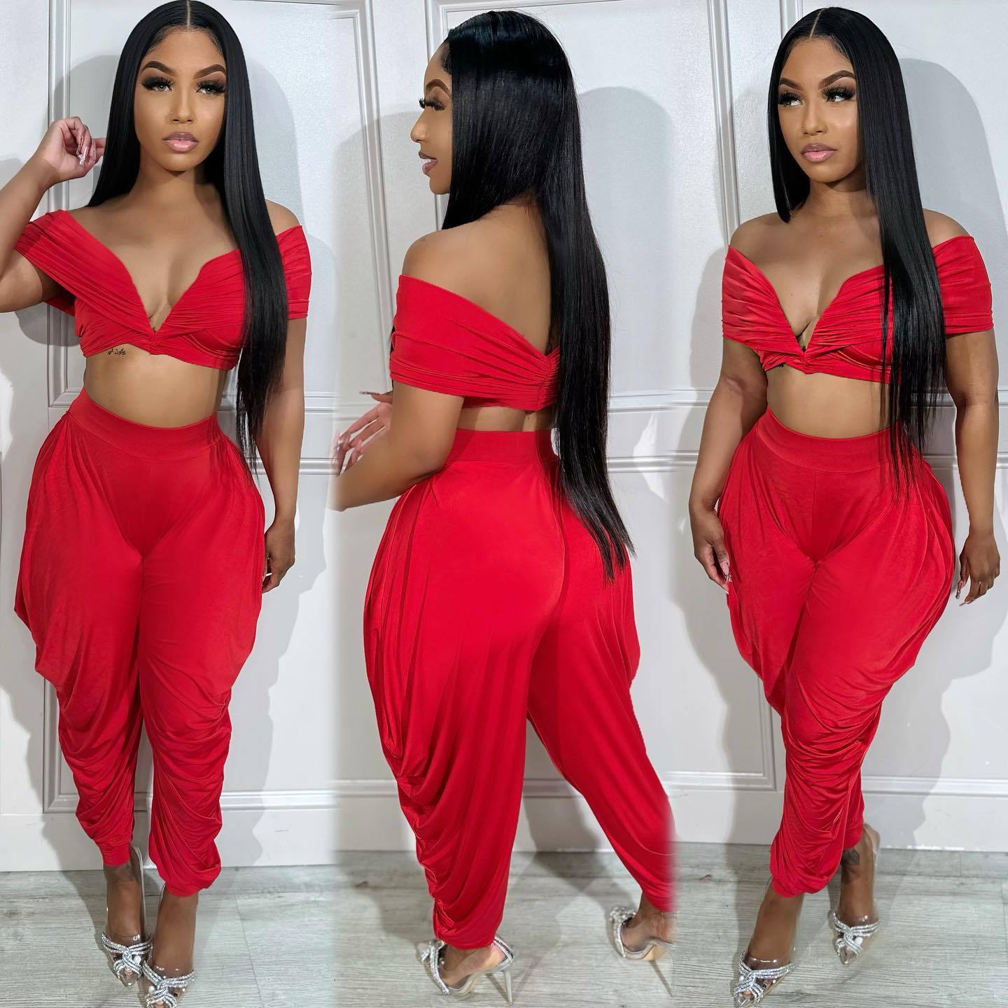 Sexy Off Shoulder Deep V Pleated Top Trousers Two Piece Set 4