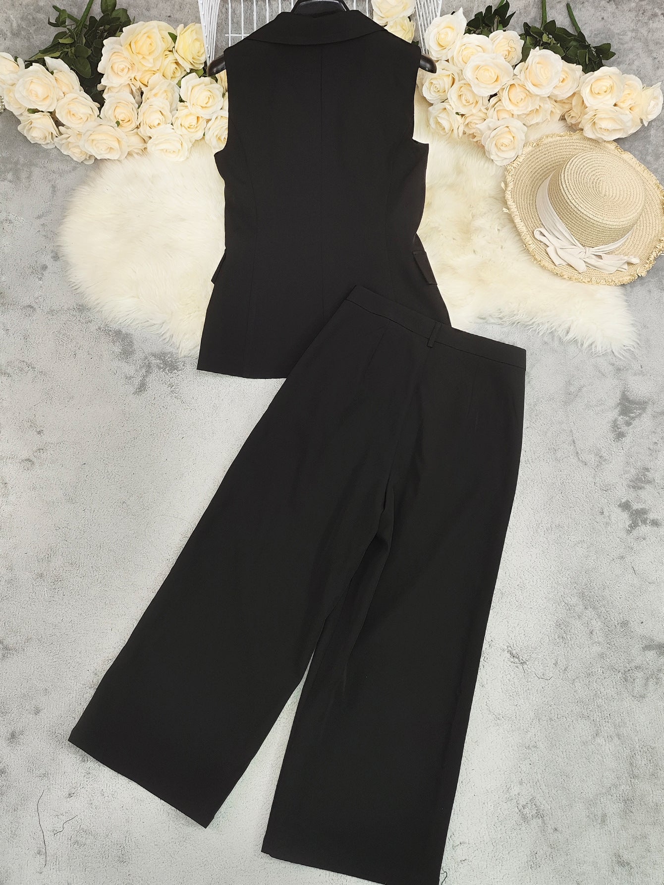 Women's Solid Color Sleeveless Straight-Leg Pantsuit Professional Office Set 10