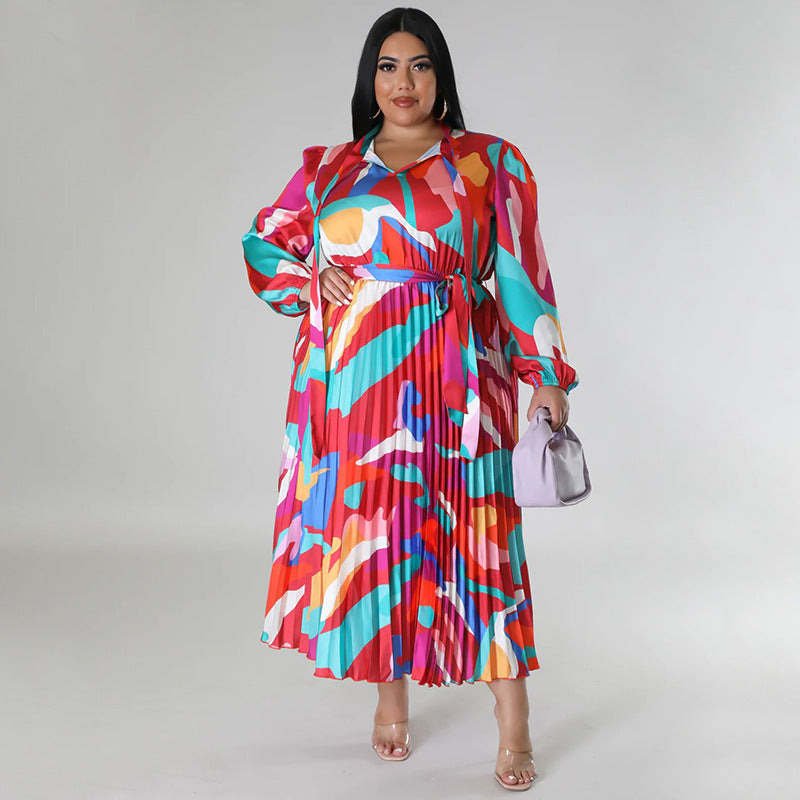 Plus Size Women Lace-Up Long Sleeve Printed Pleated Dress 16