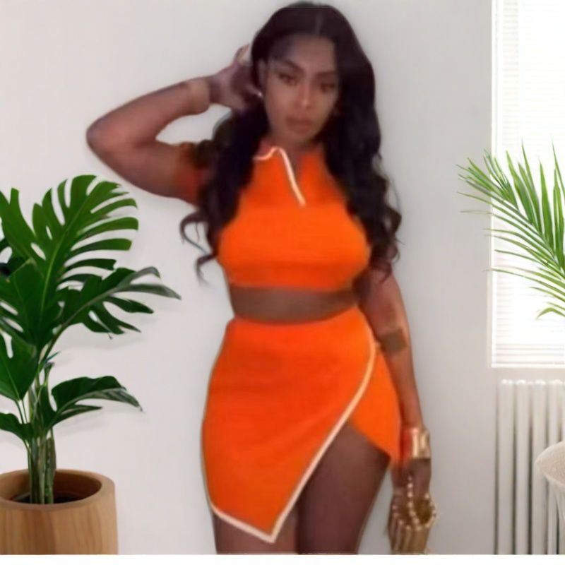 Women Sexy Turndown Collar Short Sleeve Top and Split Skirt Two-piece Set 8