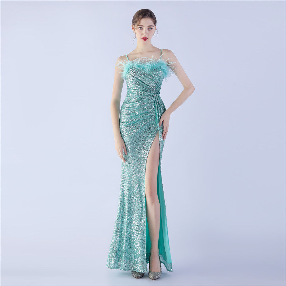Sexy Feather Sequins Straps Side Slit Evening Dress 19