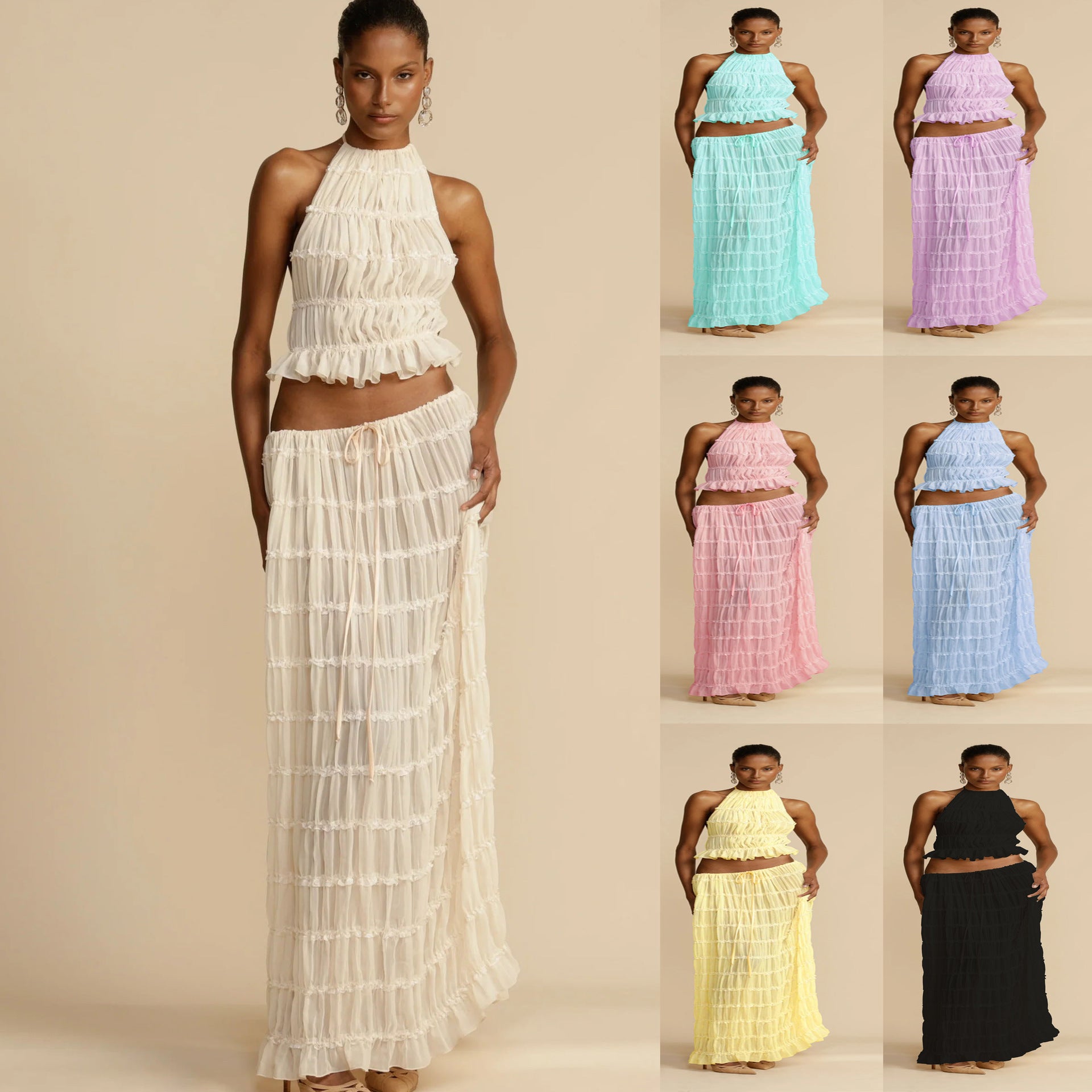 Women Spring Summer Casual Halter Neck Top and Long Skirt two-piece set 9