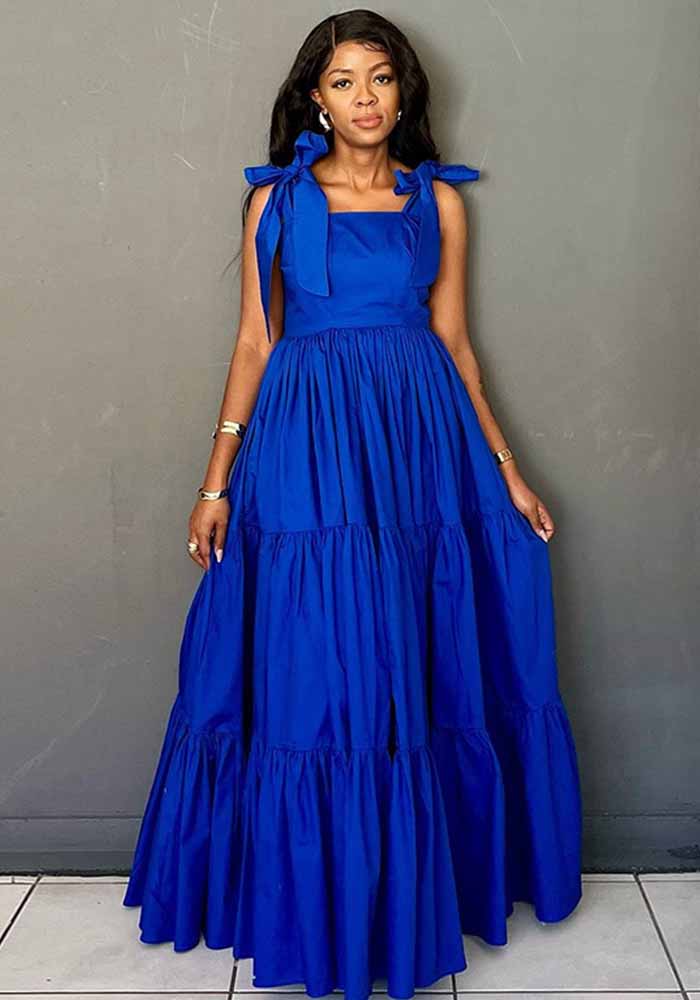 Women's Summer Fashion Sweet Bow Tie Strap Slim A-Line Long Dress