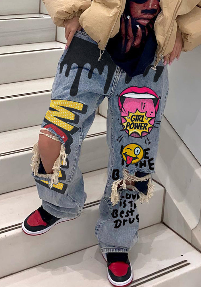 Women Ripped Print Crago Denim Pants
