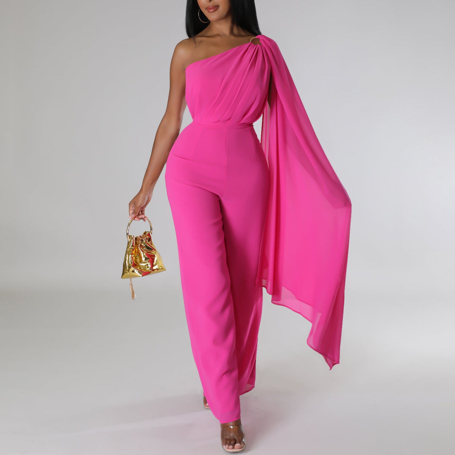 African Women's Solid Color Sexy One Shoulder Formal Party Fashion Jumpsuit 4