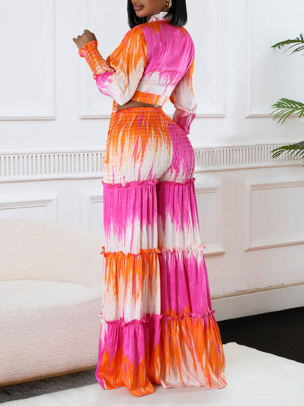 Women's Printed Lace-Up Long Sleeve Top High Waist Wide Leg Pants Casual Two Piece Set 4