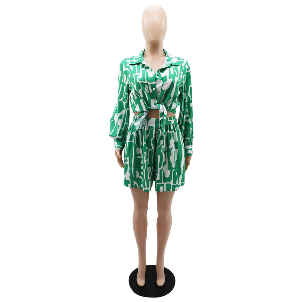 Loose Printed Long Shirt Casual Women's Shorts Set Summer Two-Piece Set 13