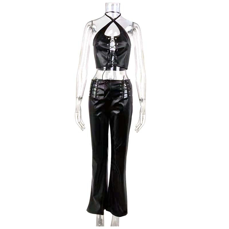 Women Sexy Halter Neck Lace-Up Top and Pu-Leather Pants Two-Piece Set 9