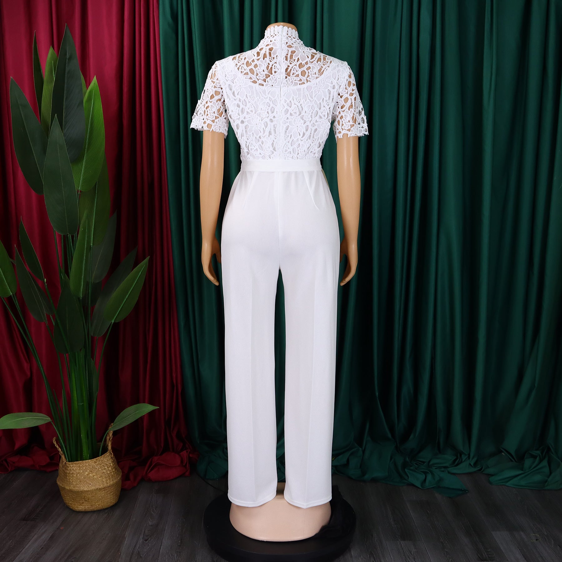 Women's Sexy Lace Hollow Short Sleeve Belt High Waist Wide Leg Jumpsuit 34