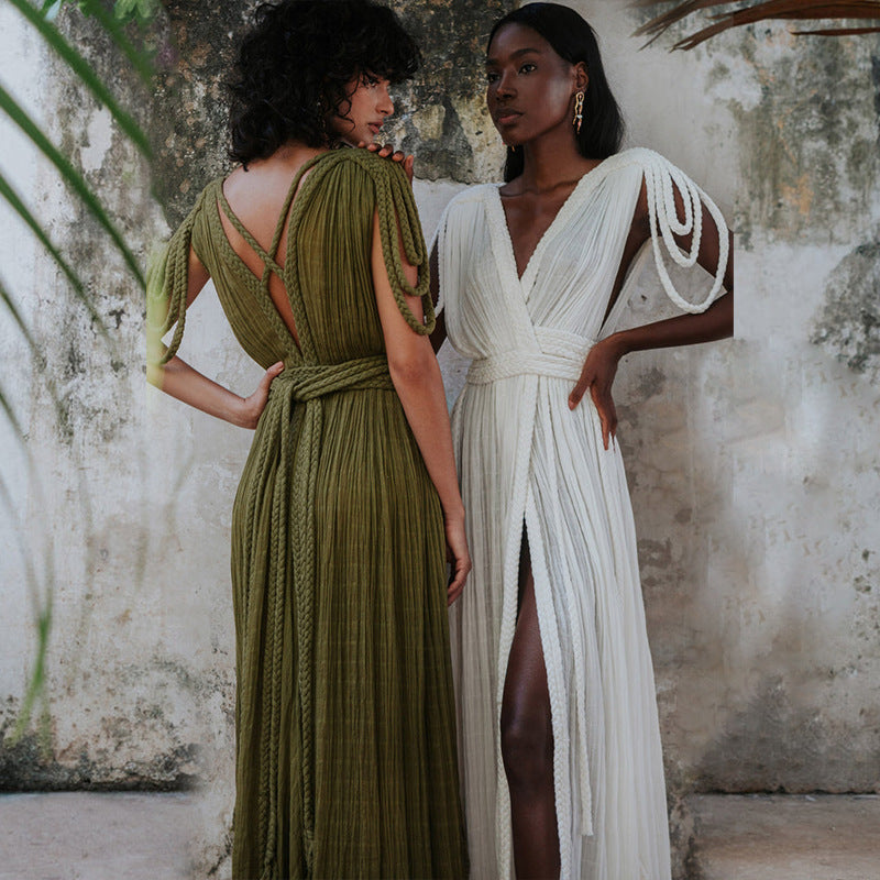 Spring Women's Tie Rope Sexy V-Neck Loose Holidays Beach Dress 5