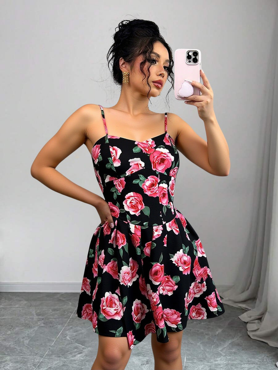 Women French rose print sexy pleated Strap Dress 3