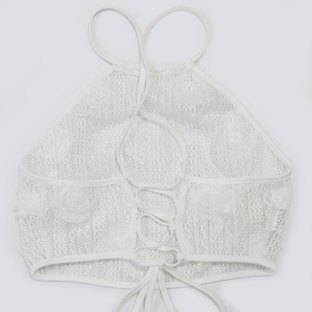 Women Solid Color See-Through Lace-Up Top Loose Slim Pants Two-Piece Set 23