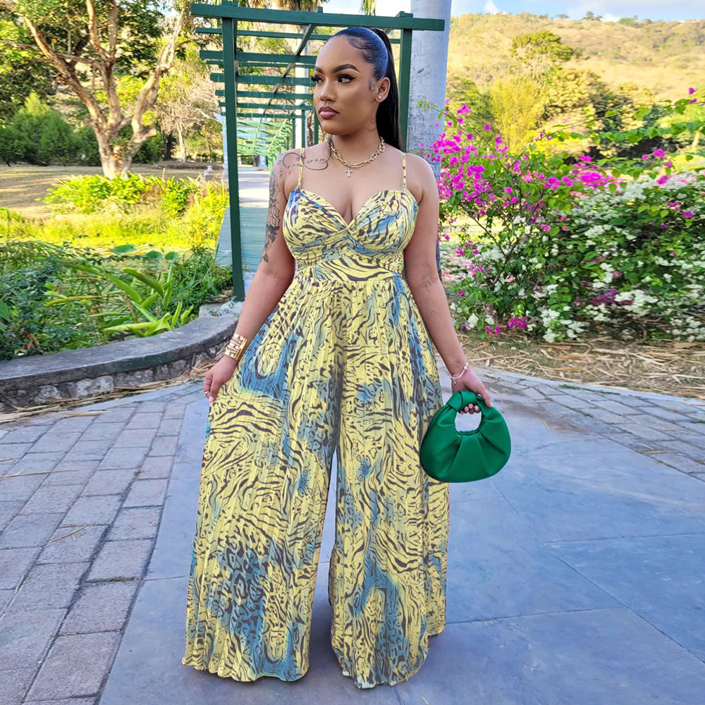 Ladies Fashion Printed Strap Pleated Jumpsuit