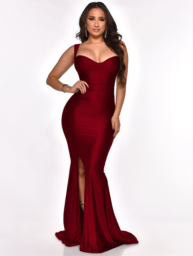 Women Summer Burgunry Formal Strap Sleeveless Solid Silt Evening Dress 3